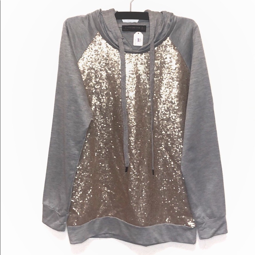 NWT Grey Hoodie with Gold Sequins